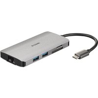 Silver D-Link 8-in-1 USB-C hub with HDMI, Ethernet, card reader, and power delivery, compact design with attached cable.
