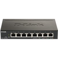 Black D-Link 8-Port PoE Gigabit Smart Managed Switch with LED indicators and eight Ethernet ports.