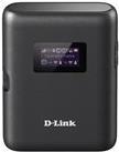 Compact black D-Link 4G/LTE Cat 6 Wi-Fi hotspot with a small display screen, featuring multiple connectivity standards and a sleek design for mobile internet access.