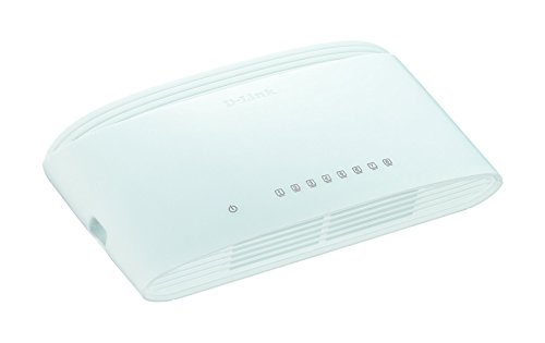 D-Link DGS-1008D/E unmanaged gigabit Ethernet switch in white, featuring eight ports, LED indicators, and a sleek, rounded design for efficient network connectivity.