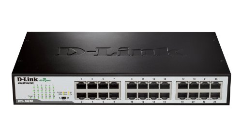 D-Link 24-Port Gigabit Unmanaged Desktop Switch in black metal housing, featuring 24 Ethernet ports, LED indicators, and a sleek, compact design suitable for desktop use.