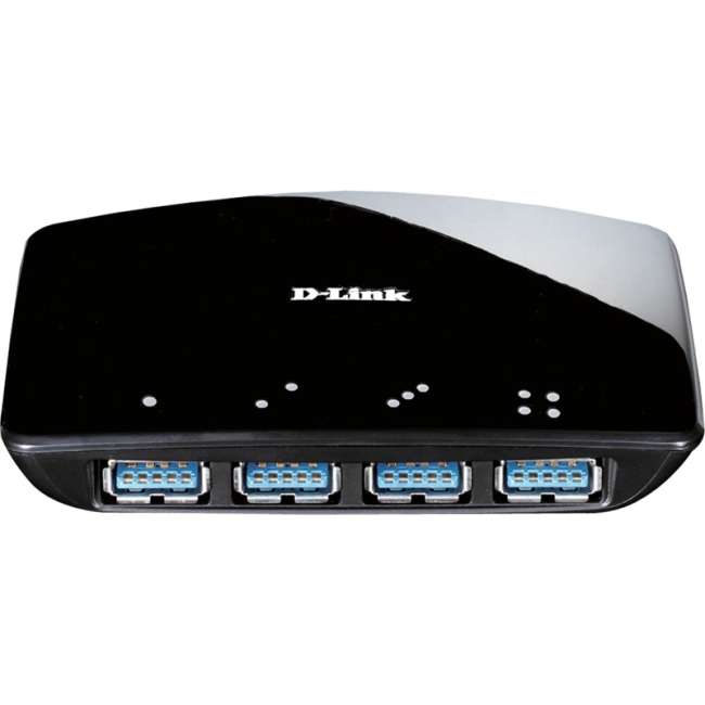 Black D-Link 4 Port USB 3.0 Hub with four blue USB ports, sleek curved design, and LED indicators on the top, powered by an external adapter.