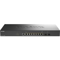 D-Link black 10-port 10G multi-gigabit PoE++ switch with 2 SFP+ ports, sleek rectangular design.