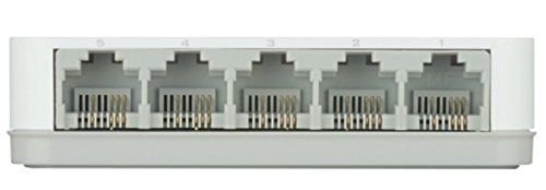 White 5-port Ethernet switch with a sleek design, featuring five numbered RJ-45 ports for easy connectivity, made of durable plastic for desktop use.