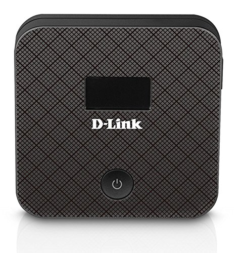 Compact black D-Link 4G LTE Mobile WiFi Router with a textured surface, a small display screen, and a power button on the front.