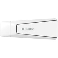 White D-Link Wi-Fi 6 AX1800 USB 3.0 dongle with sleek design and D-Link logo on the front.