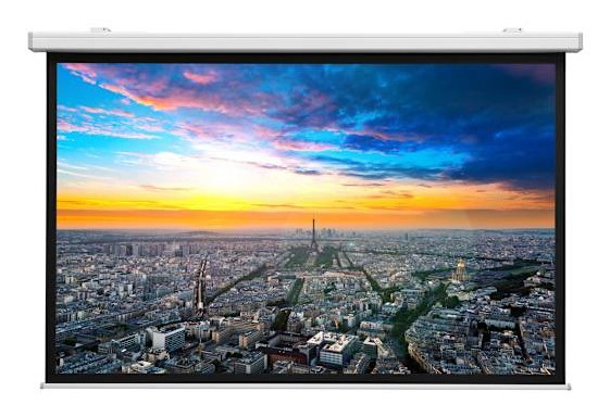 Da-Lite 10102010 projection screen features a 16:9 aspect ratio, a sleek black frame, and a smooth white surface ideal for high-quality image projection.
