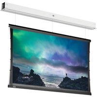White Da-Lite DescenderPro 4.02m projection screen, 16:9 ratio, with black border and vibrant aurora image displayed.