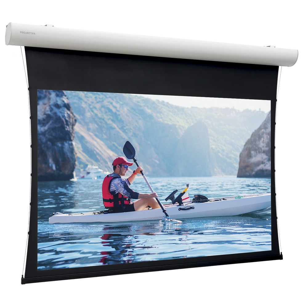 Tensioned Da-Lite Elpro Concept projection screen, 4.01 m (158"), featuring a sleek black surface and a white housing, ideal for clear image display in various settings.