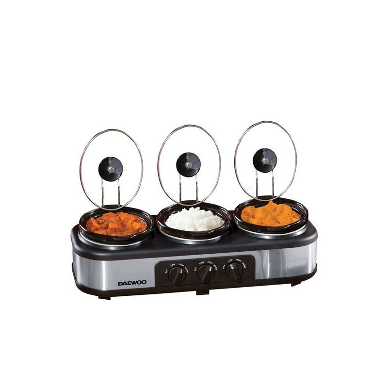 Black Daewoo triple slow cooker featuring three 1.5L stoneware pots with glass lids, spoon rests, and energy-saving design, equipped with adjustable temperature controls.