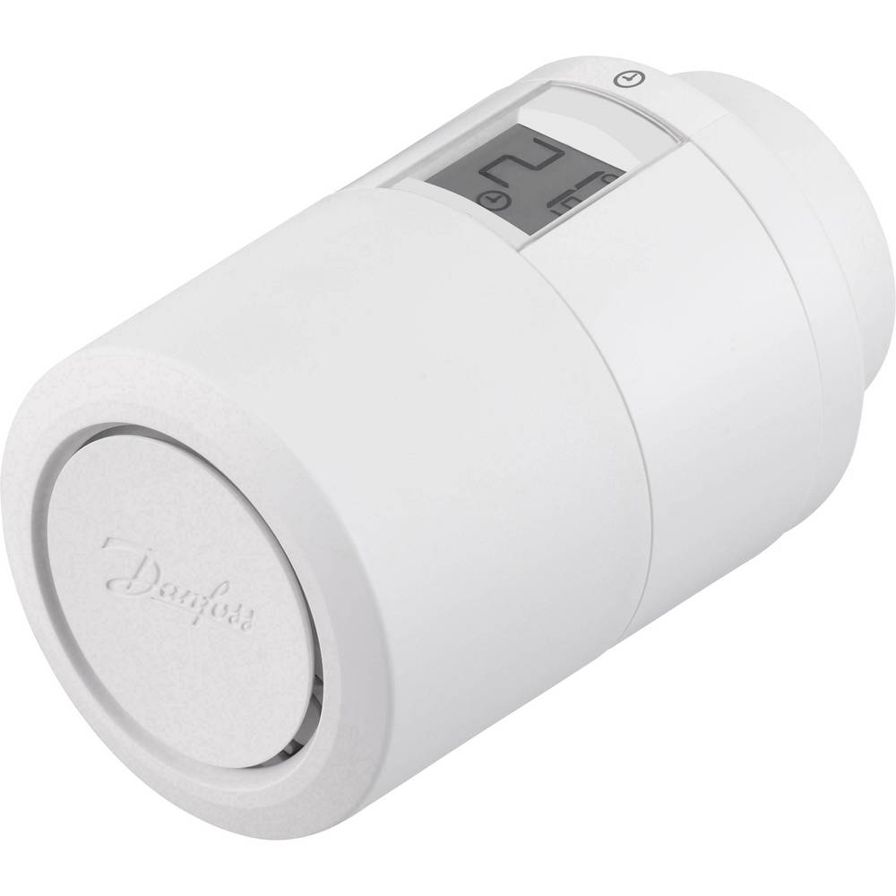 Danfoss 014G1115 Eco™ Electronic TRV in white, featuring a digital display, Bluetooth control button, and a sleek cylindrical design for easy temperature regulation.