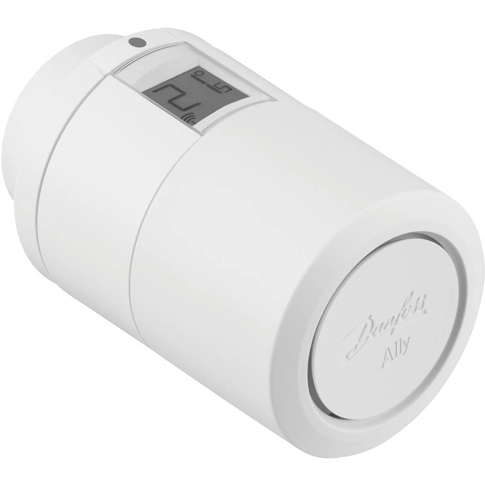 White Danfoss Ally Wireless Thermostat with a digital display showing temperature, designed for smart home use, with a control range of 5-35°C.