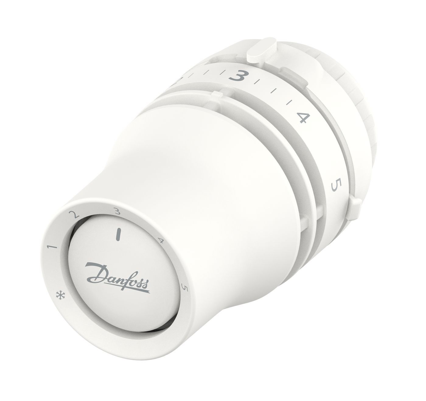 White thermostatic radiator valve with a circular dial, featuring numbered settings from 1 to 5 and a sleek design, branded with the Danfoss logo.
