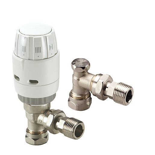 White thermostatic radiator valve with a round dial on top, paired with a shiny metal valve fitting featuring two threaded ends for connection.