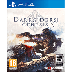 "Darksiders - Genesis" game cover featuring a dark, illustrated scene with two armored characters battling, set against a stylized background, with the PS4 logo and THQ Nordic branding.