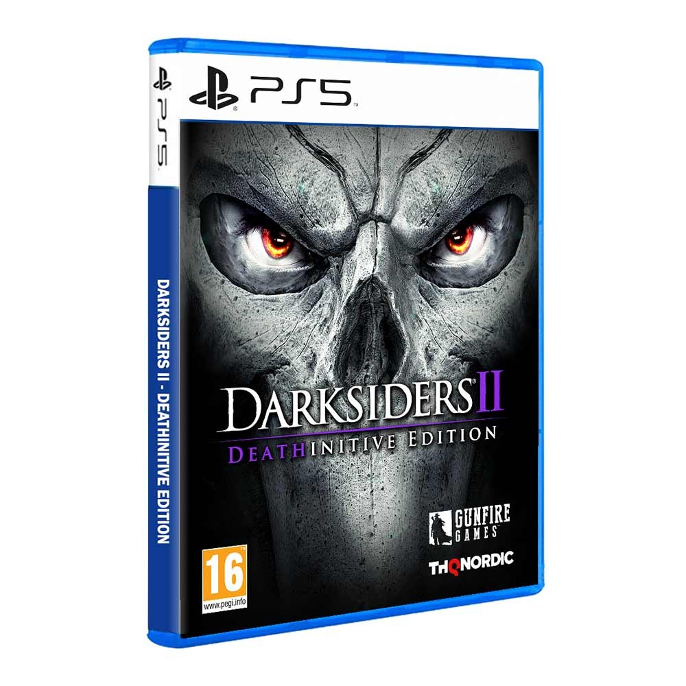 Darksiders II Deathinitive Edition for PS5 features a striking cover with a skull design, purple accents, and bold text, showcasing the game's title and publisher logos.