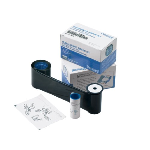 Black printer ribbon with a blue core, packaged in a white box labeled "DataCard 532000-053," designed for 1500 pages, includes installation instructions.