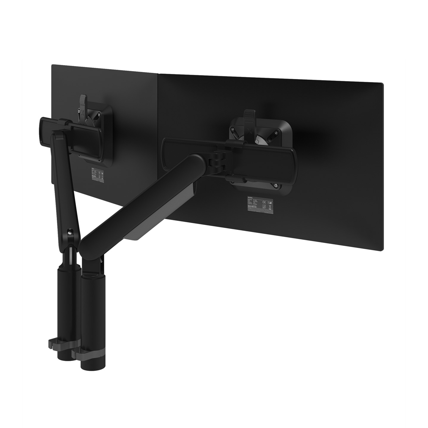 Black Dataflex 65.213 monitor mount with dual arms, designed for 131.6 cm (51.8") screens, featuring adjustable height and tilt for ergonomic positioning.