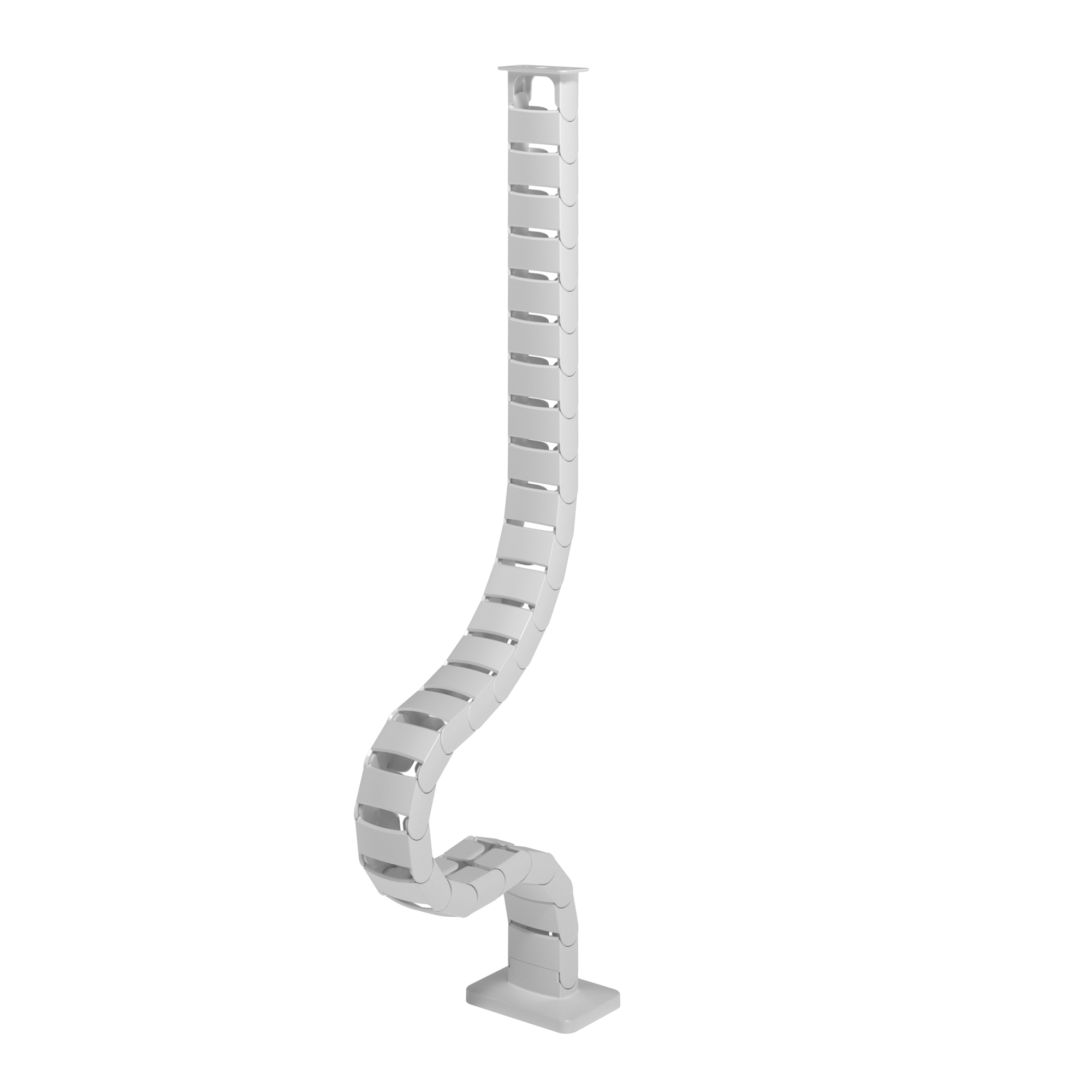 White cable guide with a flexible, curved design, featuring multiple slots for cable organization, designed for sit-stand desks, with a sturdy base for stability.
