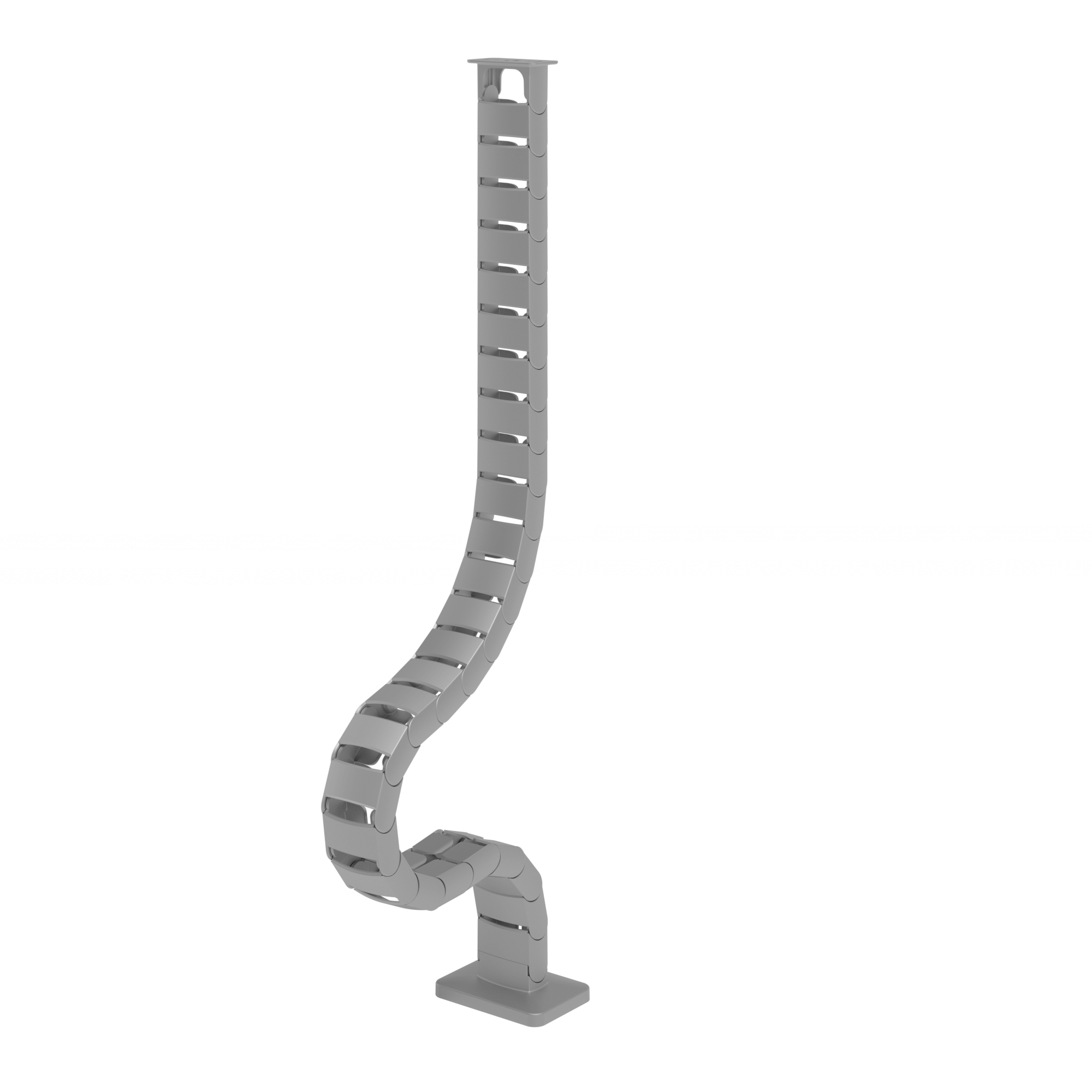 Gray cable guide with a flexible, curved design, featuring multiple slots for cable organization, designed for sit-stand desks, with a sturdy base for stability.