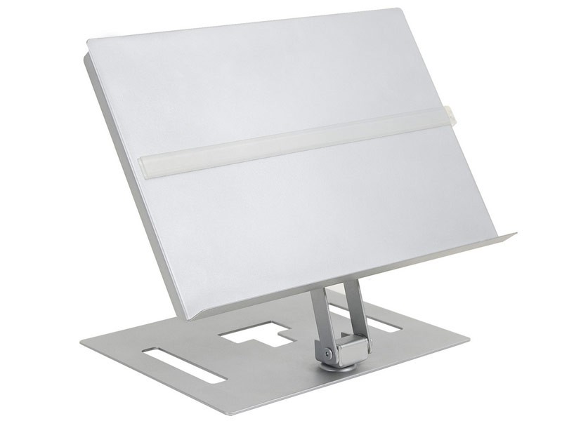 Silver adjustable document holder with a sturdy metal base, featuring a clear plastic strip for secure document placement and an ergonomic design for easy viewing.