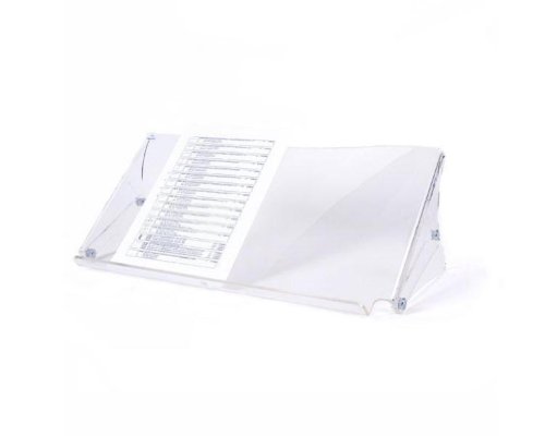 Clear acrylic document holder with adjustable angle, featuring a sleek design and multiple slots for organizing documents, ideal for maintaining visibility and accessibility.