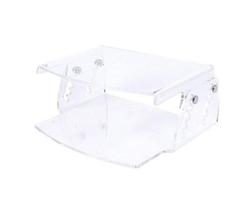 Clear acrylic monitor riser with adjustable height, featuring a two-tier design and rounded edges for stability and modern aesthetics.