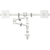 White Dataflex double arm for 2 monitors, adjustable joints, desk clamp, sleek design.