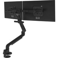 Black Dataflex dual monitor arm with adjustable joints and clamp base, supports up to 4 kg per arm.
