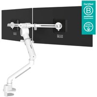 White Dataflex Viewgo pro HD desk mount with dual adjustable monitor arms and sleek design.