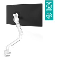 White Dataflex Viewgo pro HD monitor arm with adjustable joints, supporting a black flat-screen monitor.