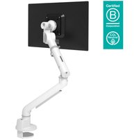 White Dataflex Viewgo pro monitor arm with adjustable joints and clamp base, holding a flat black monitor screen.
