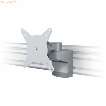 Silver metal monitor arm with a flat mount, featuring adjustable joints for positioning, designed for attachment to a rail system.