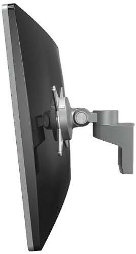 Sleek silver Dataflex Viewlite Monitor Arm mounted on a wall, featuring a sturdy design with adjustable swivel and tilt for optimal screen positioning.