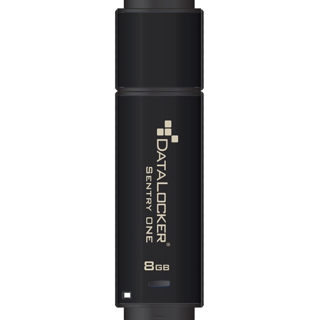Black, sleek flash drive with "DATA LOCKER SENTRY ONE" and "8GB" embossed in gold, featuring a secure design compliant with FIPS 140-2 Level 3 encryption.