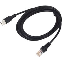 Black USB cable for Datalogic barcode reader with standard USB connector and RJ45 connector.