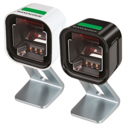 Datalogic 90ACC0382 charging cable for barcode readers, featuring a sleek design, available in black and white, with a sturdy metallic stand for stability.
