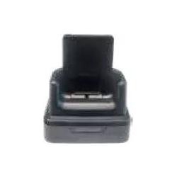 Black mobile device dock station with a sturdy base, designed for Datalogic mobile computers, featuring a vertical slot for secure device placement.