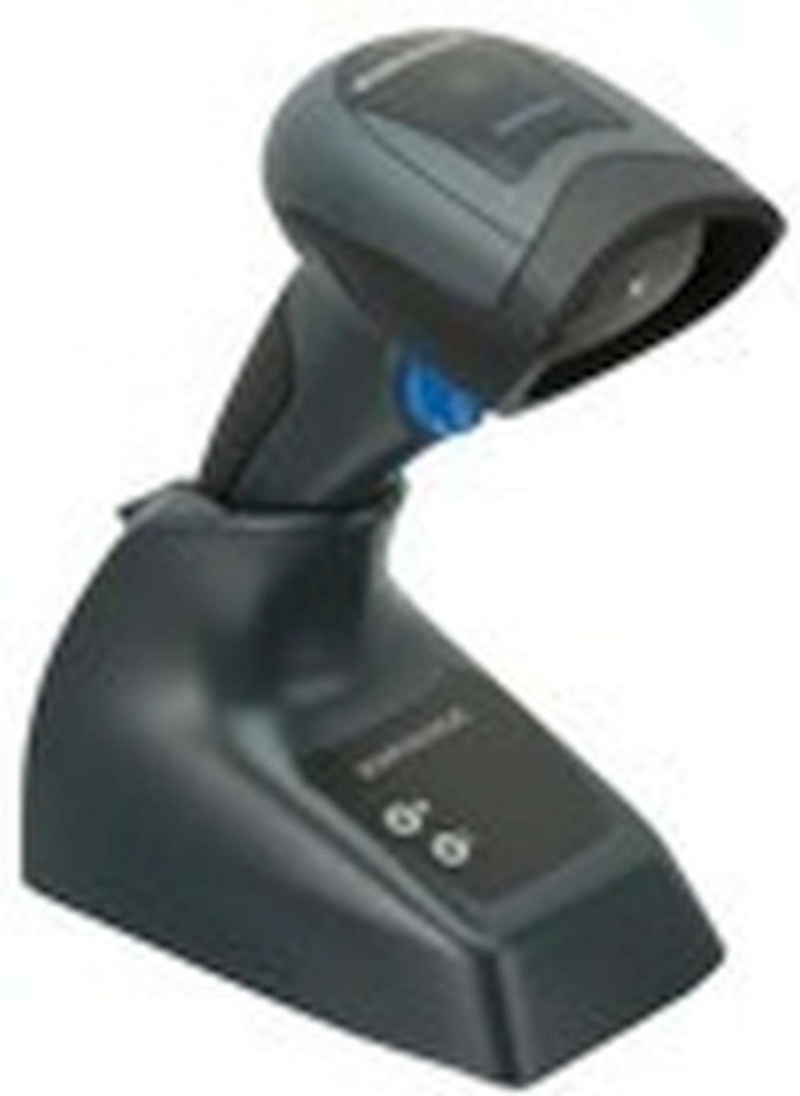 Black Datalogic BC2030-BK-433 barcode reader with a curved handle and blue button, resting in a sleek charging dock featuring a control panel.