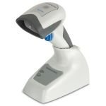 Datalogic BC2030-BK-BT barcode reader in white and gray, featuring a curved handle, blue button, and a base for charging or storage.