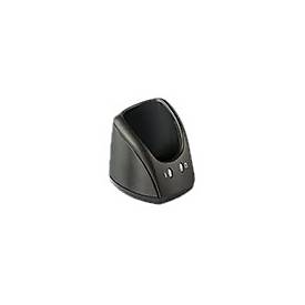 Black Datalogic BC6020 base charger with a sleek, curved design, featuring two indicator lights on the front for charging status.