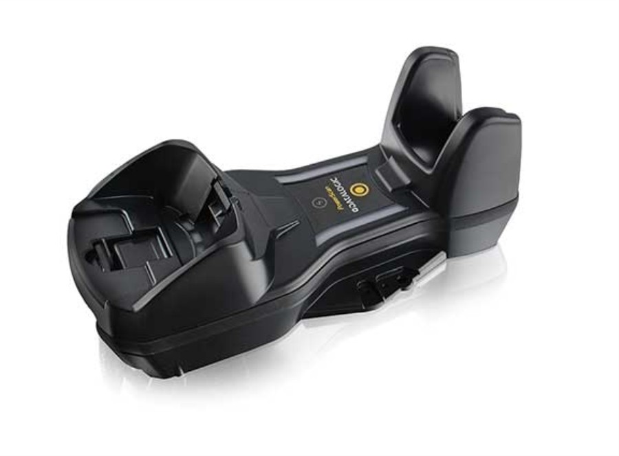 Black plastic charging adapter for Datalogic BC9630-433 barcode reader, featuring a sleek design with two slots for secure device placement and a prominent DataLogic logo.