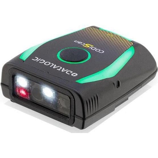 Black handheld barcode reader with LED lights, featuring a textured grip and green accents, designed for scanning 1D and 2D barcodes efficiently.