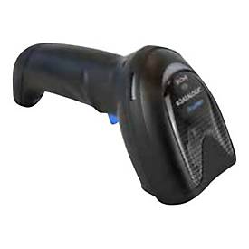 Black handheld barcode reader with a textured grip, featuring a laser scanning window and a blue trigger button, designed for 1D and 2D barcode scanning.