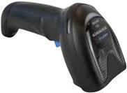 Black handheld barcode reader with a textured grip, featuring a laser scanning window and a blue trigger button, designed for 1D and 2D barcode scanning.