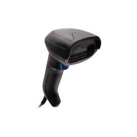 Handheld Datalogic Gryphon I GD4220 barcode reader in black, featuring a sleek design, ergonomic grip, and a blue trigger button for easy scanning of 1D linear barcodes.