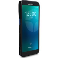Black Datalogic handheld mobile computer with touchscreen, blue side button, and digital clock display.