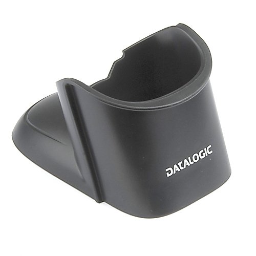 Black plastic charging cradle for the Datalogic HLD-8000, featuring a curved design and the "Datalogic" logo prominently displayed on the front.