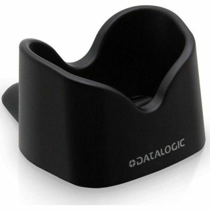 Black plastic stand designed for the Datalogic HLD-Q040-BK barcode reader, featuring a curved shape and a smooth finish with the Datalogic logo on the front.