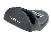 Black passive holder for barcode scanner featuring a sleek design with a curved top and a prominent Datalogic logo on the side.